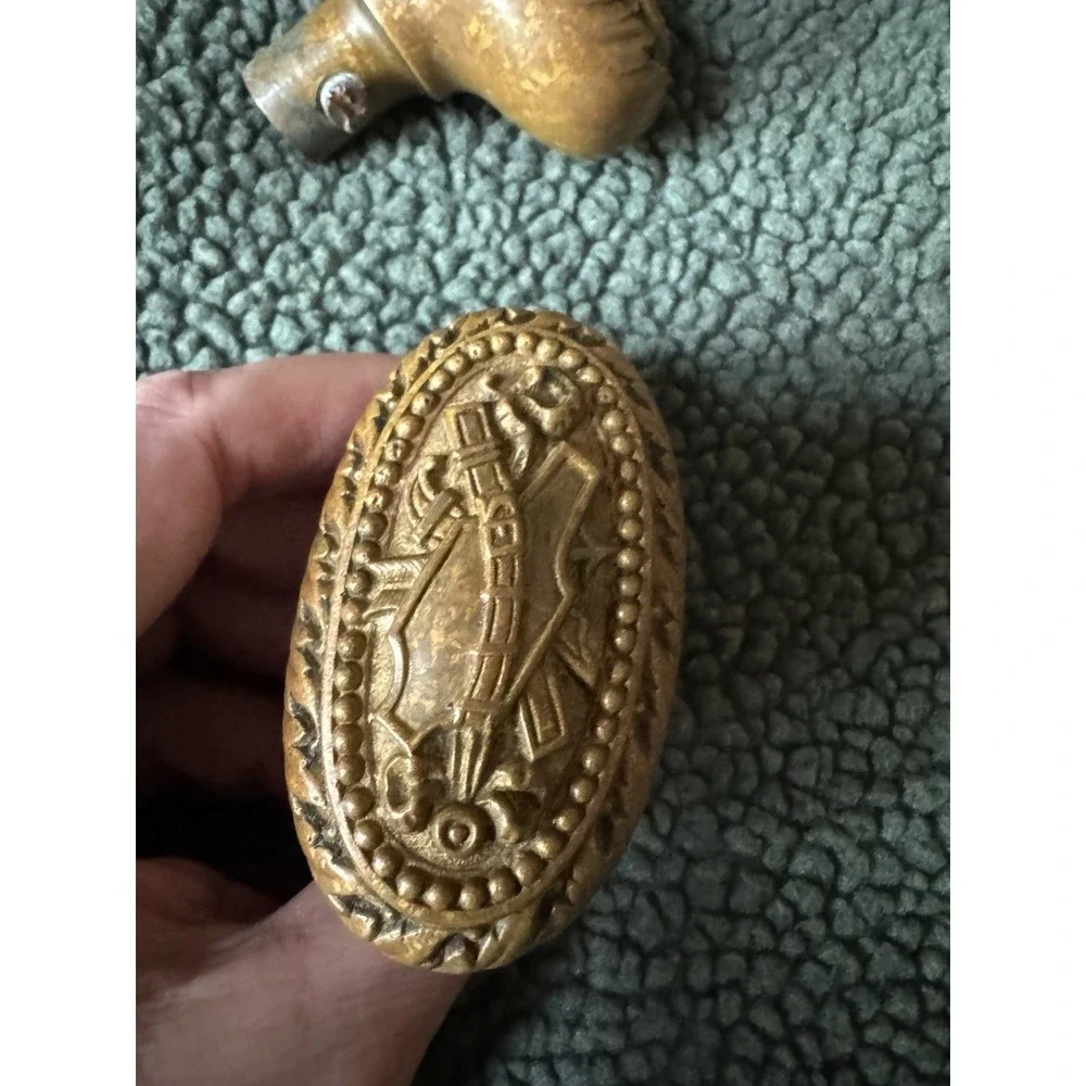 Antique‎ Victorian Brass Oval Door Knobs Shield & Belt Garter Design